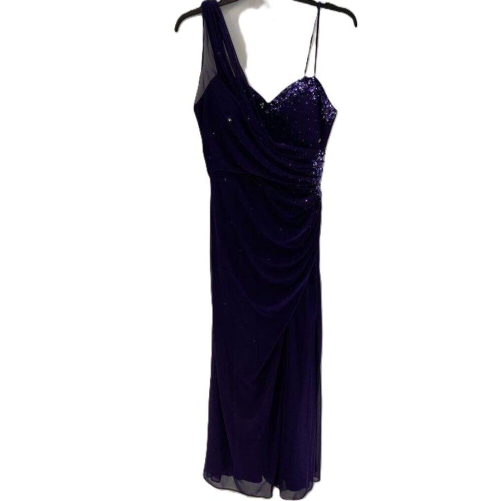 Joanna Chen -Xscape Purple One Shoulder Beaded Sequin Formal Evening Gown Dress